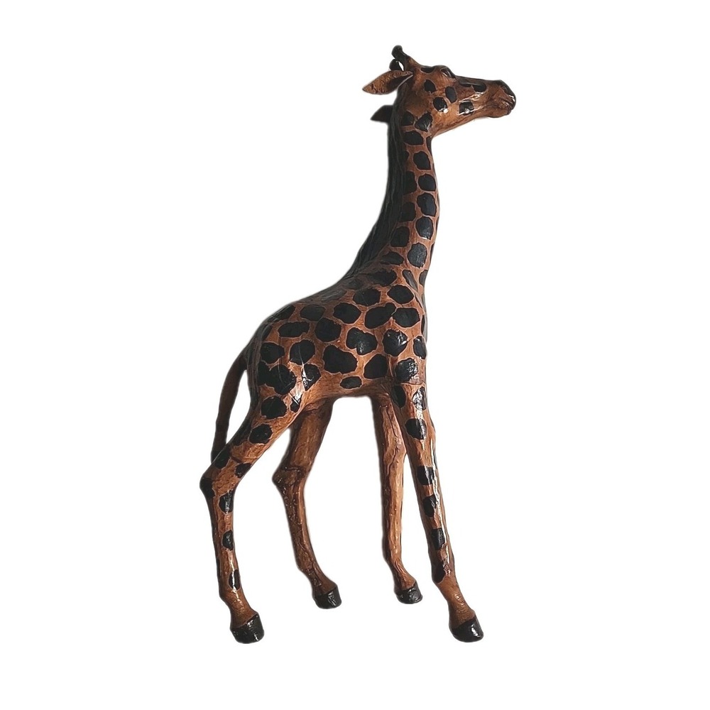 Vintage African Giraffe Sculpture Hand-Painted Leather Wrapped 15" Glass Eyes - Picture 3 of 10